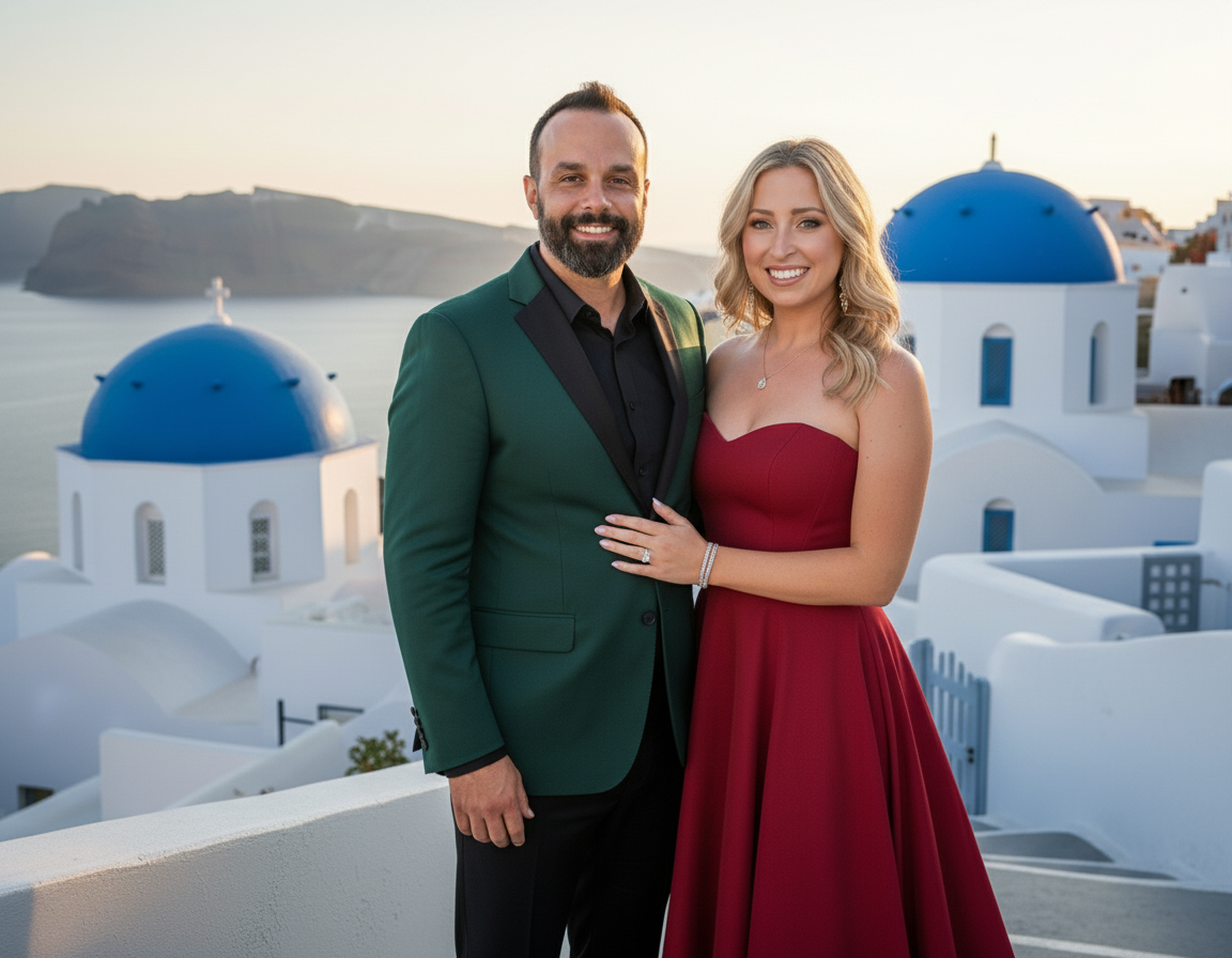 A smiling couple standing on a balcony overlooking a Greek island with white buildings and blue domes during sunset.