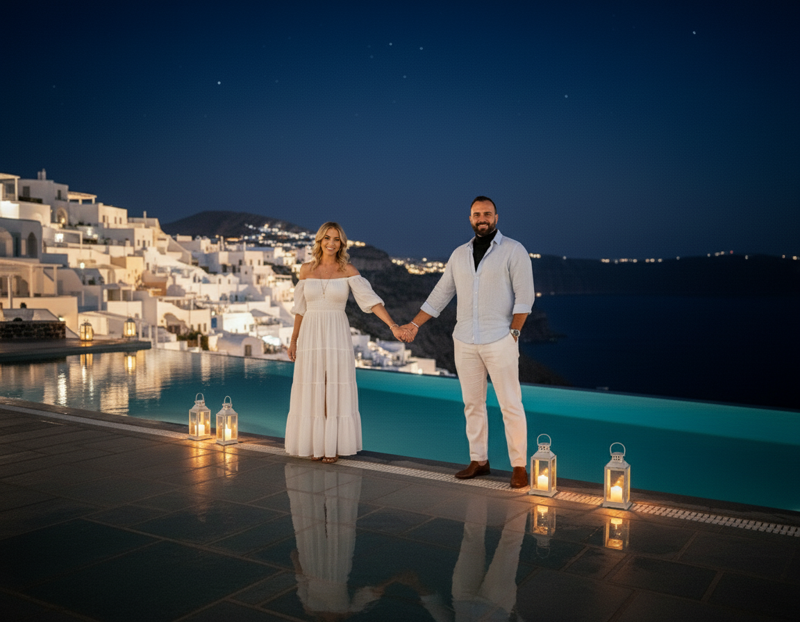 A couple holding hands near an infinity pool at night with a scenic white-washed hillside town in the background, candles illuminating the scene.