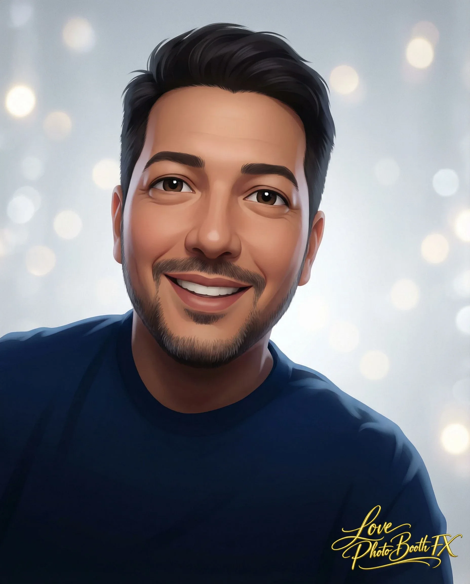 Digital illustration of a smiling man with dark hair and a beard, wearing a navy blue shirt, with a blurred background of lights and "Love Photo Booth FX" written in gold in the bottom right corner.