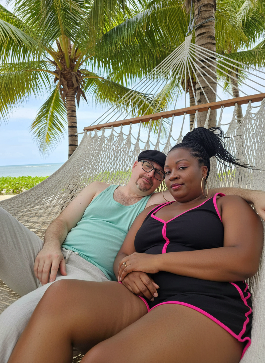 Couple relaxing on a hammock under palm trees on a beach.