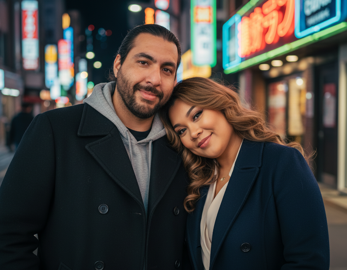 A smiling man and woman embracing on a city street at night, illuminated by colorful neon signs.