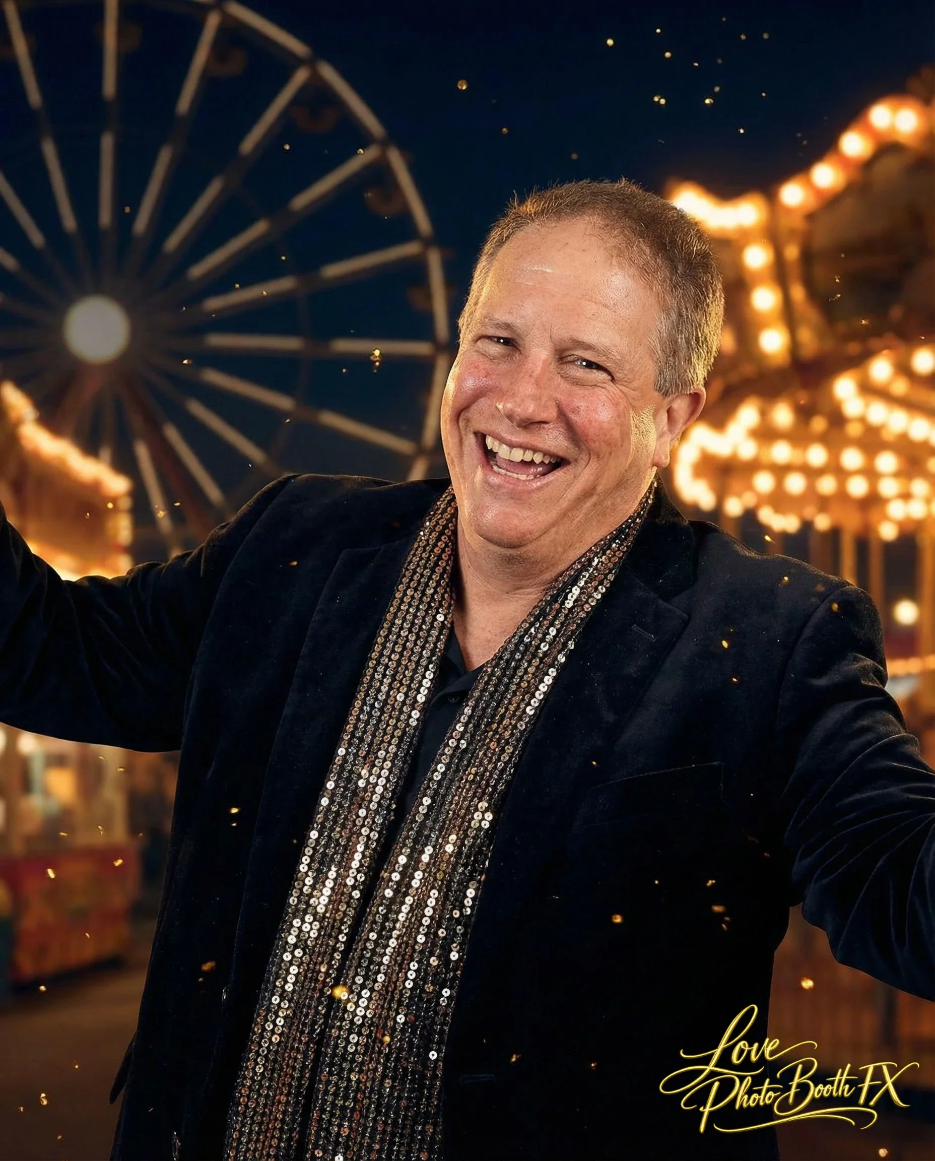 A smiling man in a black outfit and sequined scarf at a carnival at night, with amusement park rides and bright lights in the background.