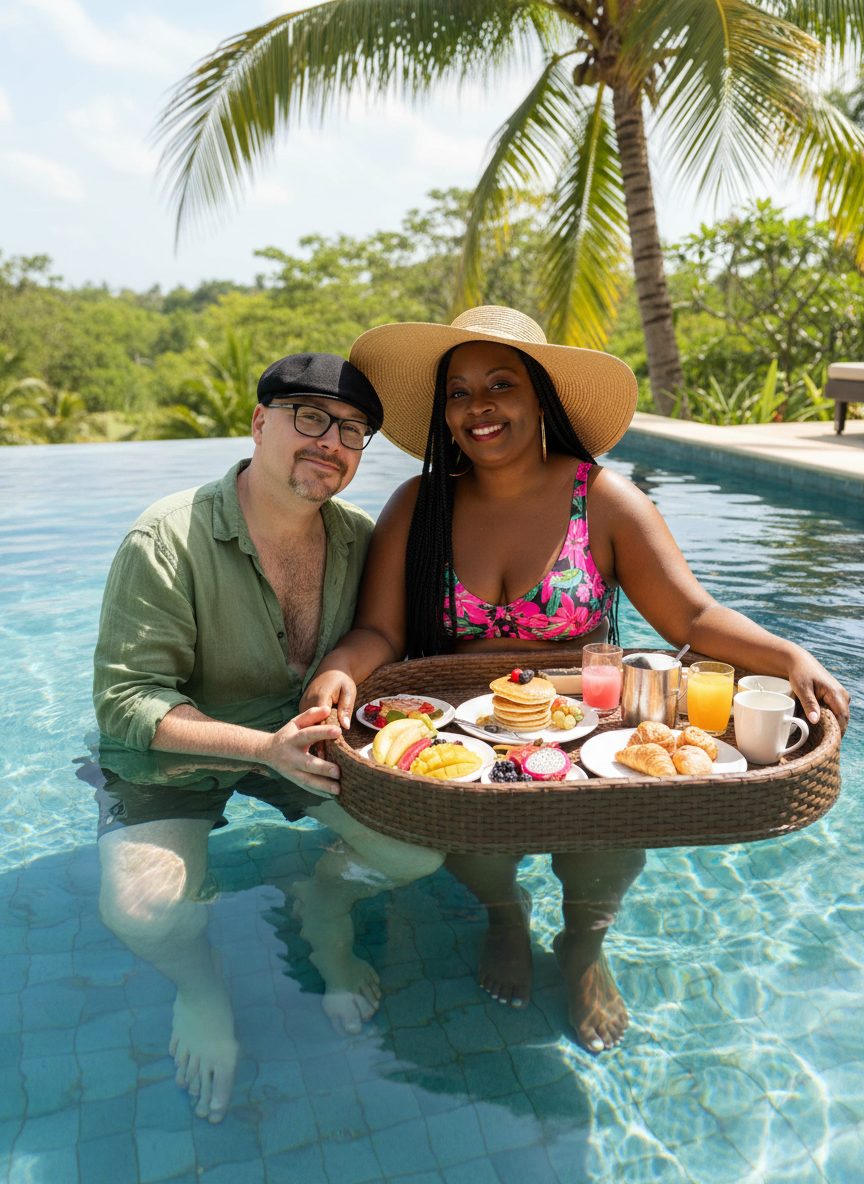 A man and woman standing in a swimming pool, holding a tray of breakfast foods, with a tropical setting and palm trees in the background.