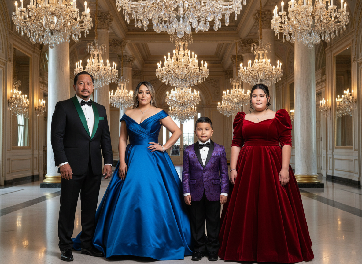 A family standing in an elegant ballroom with chandeliers. The father wears a tuxedo with green accents, the mother a royal blue gown, the son a purple tuxedo, and the daughter a red gown.