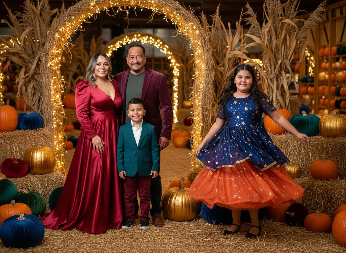 A family of four posing together in a pumpkin patch decorated with fall pumpkins, hay bales, and fairy lights, during autumn.