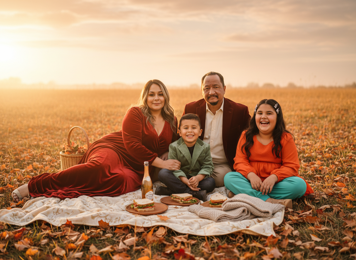 Family having a picnic outdoors in a fall setting with leaves on the ground, sitting on a blanket with snacks, including sandwiches and a bottle of soda, during sunset.