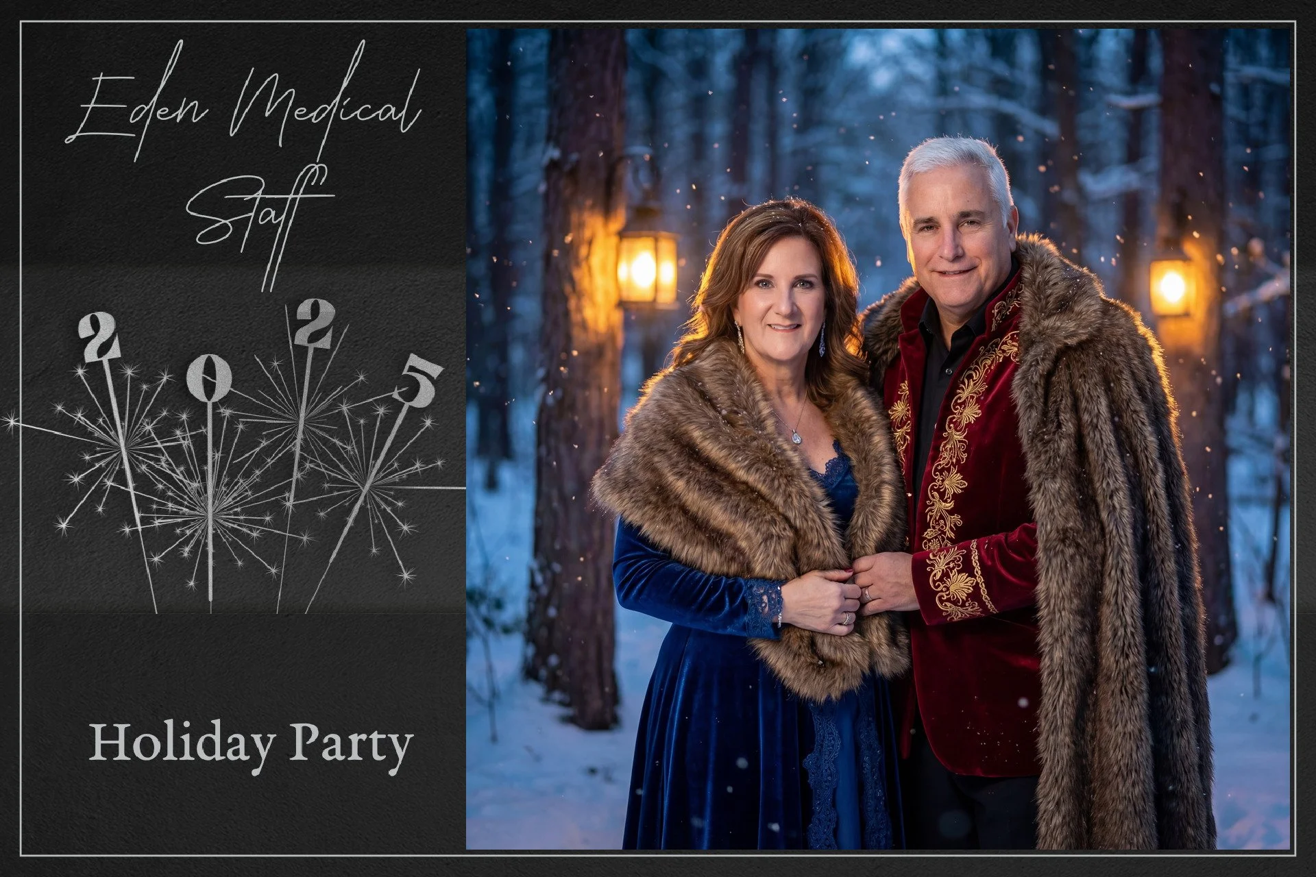 A couple wearing formal winter attire with fur coats, standing outdoors in a snowy forest at night, illuminated by lanterns, for a holiday party invitation from Eden Medical Staff.