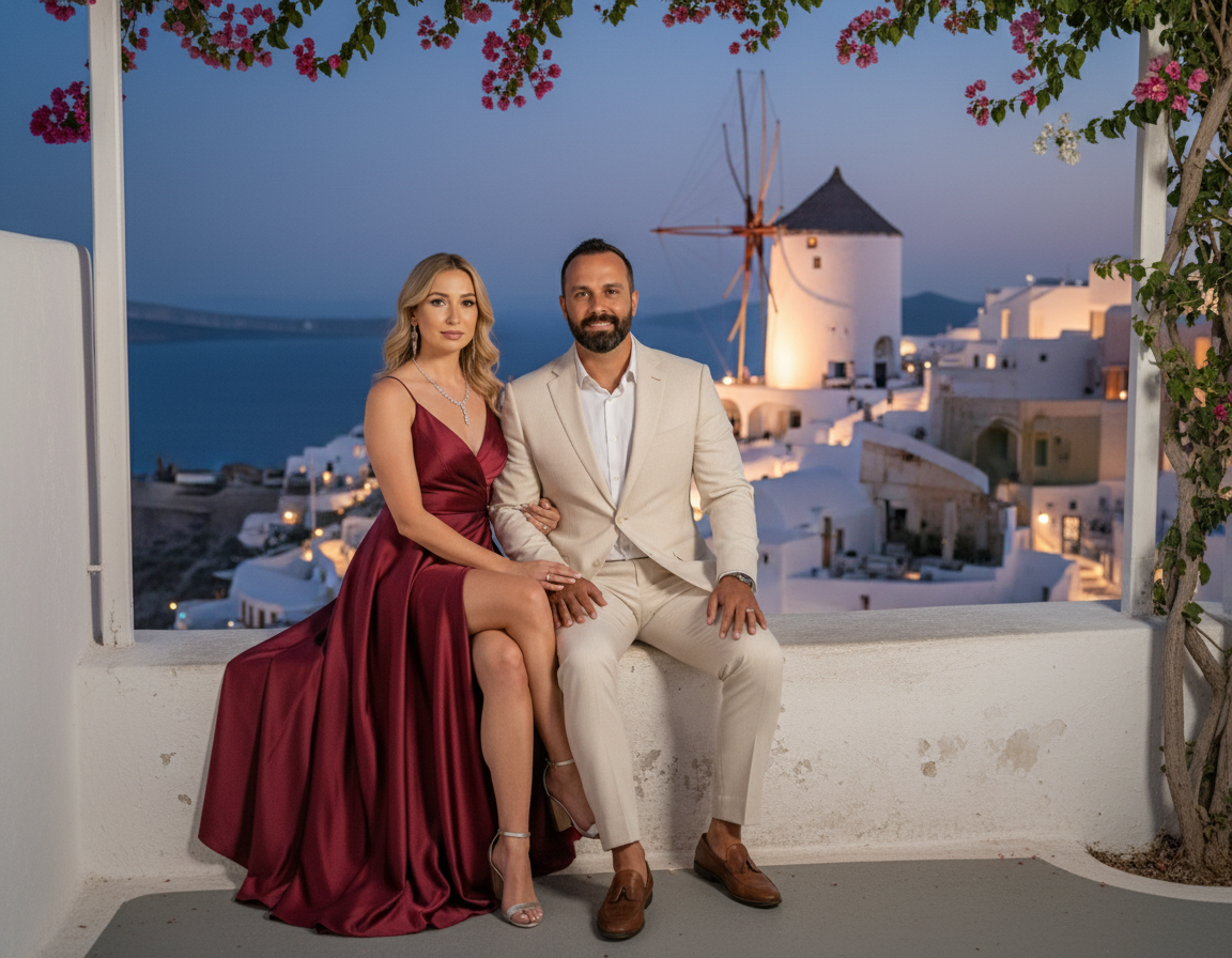 A couple dressed in formal attire sitting on a ledge with a scenic view of a windmill, white buildings, and the sea in the background during sunset in Santorini, Greece.