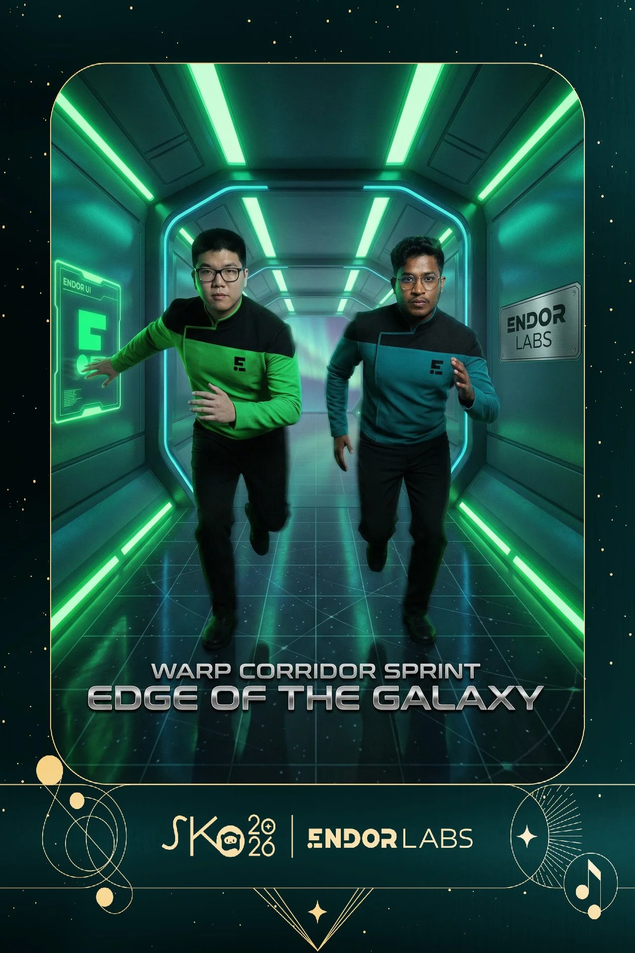 Two men dressed in futuristic uniforms are running inside a sci-fi inspired corridor with neon green and blue lighting. The background features a sign reading "ENDOR LABS" and a digital display. The bottom of the image has text that says "Warp Corrid