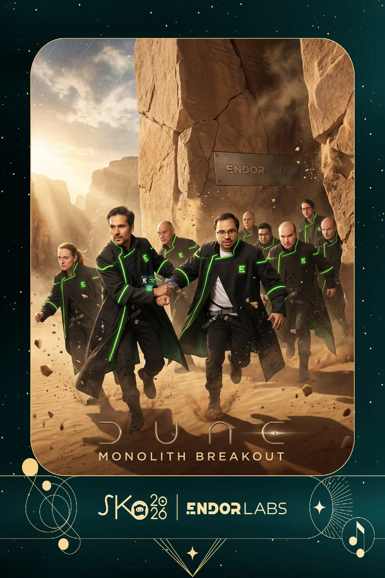 A group of people in black coats with neon green accents running through a desert landscape with rocky formations and a mountain range in the background. The scene features a large rock wall with a sign that reads 'ENDOR LABS', and the sky is partly 