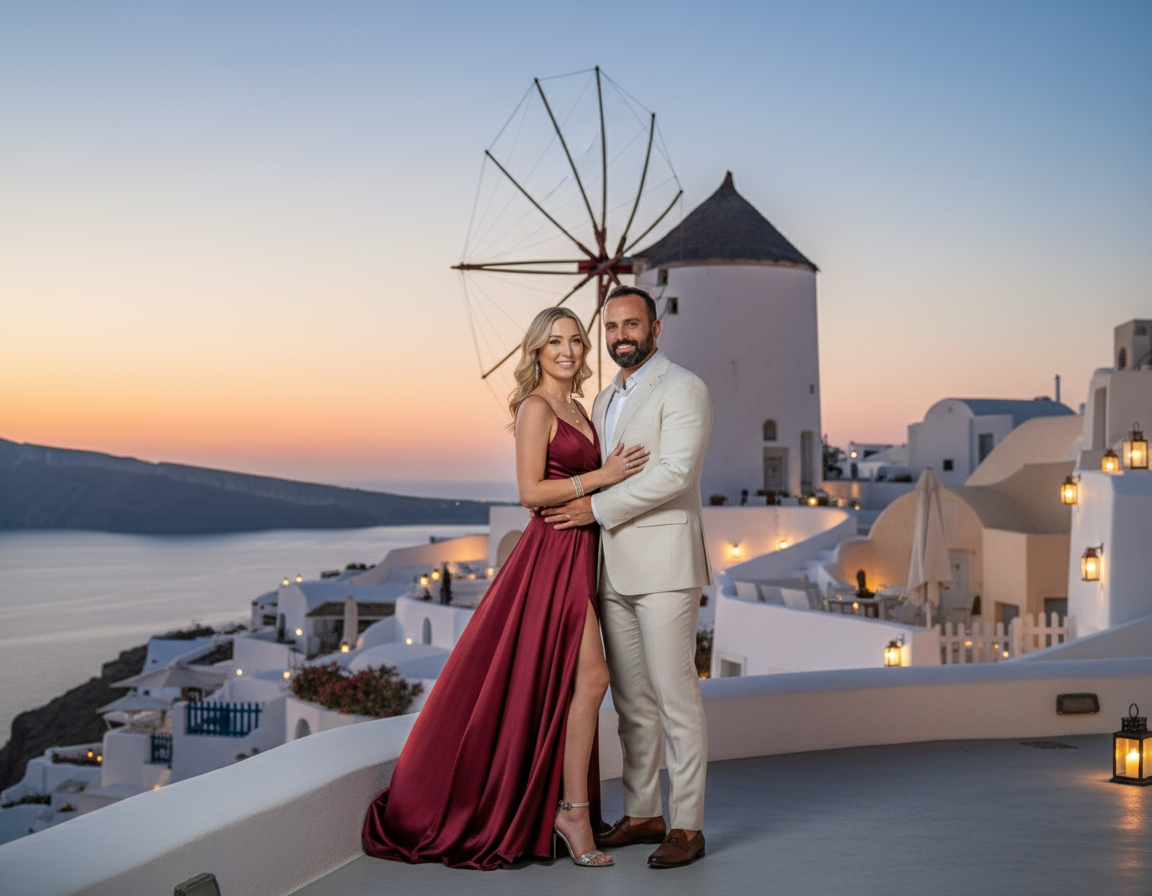 A couple dressed in formal attire posing outdoors during sunset in a scenic location with white buildings and a windmill in the background.