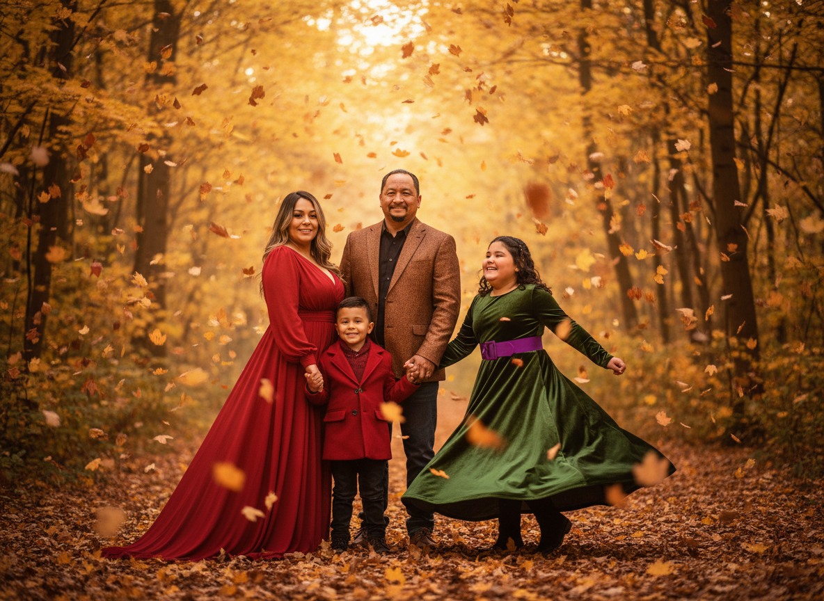 A family of four standing in a forest with autumn leaves falling around them, dressed in colorful holiday attire. The mother wears a red dress, the father a brown jacket, the son a red blazer, and the daughter a green dress with a purple belt.