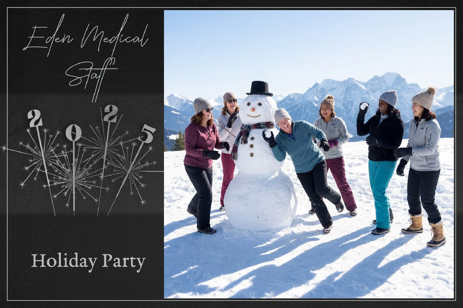 Group of six women smiling and playing in the snow next to a snowman with a black hat, scarf, and buttons, against snow-covered mountains during a sunny winter day.