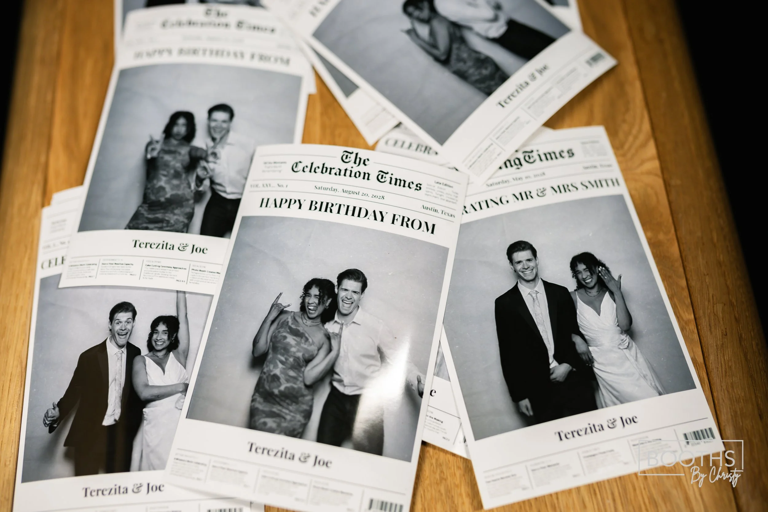 Black-and-white photo booth strips with pictures of a couple celebrating at an event, including a birthday, with captions and their names, Terecita & Joe.
