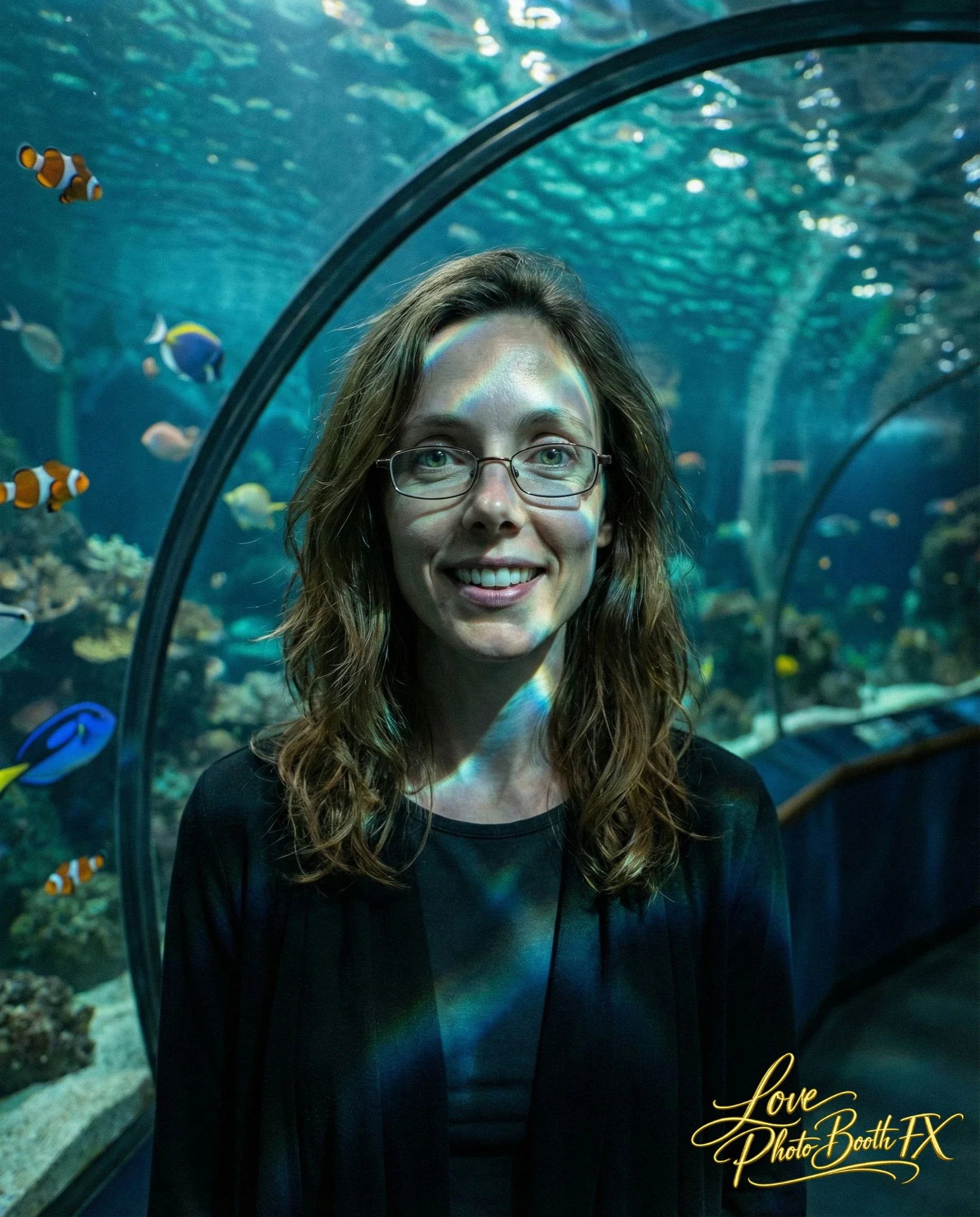 A woman with glasses and long brown hair standing in front of an aquarium with colorful fish and coral, inside a glass tunnel