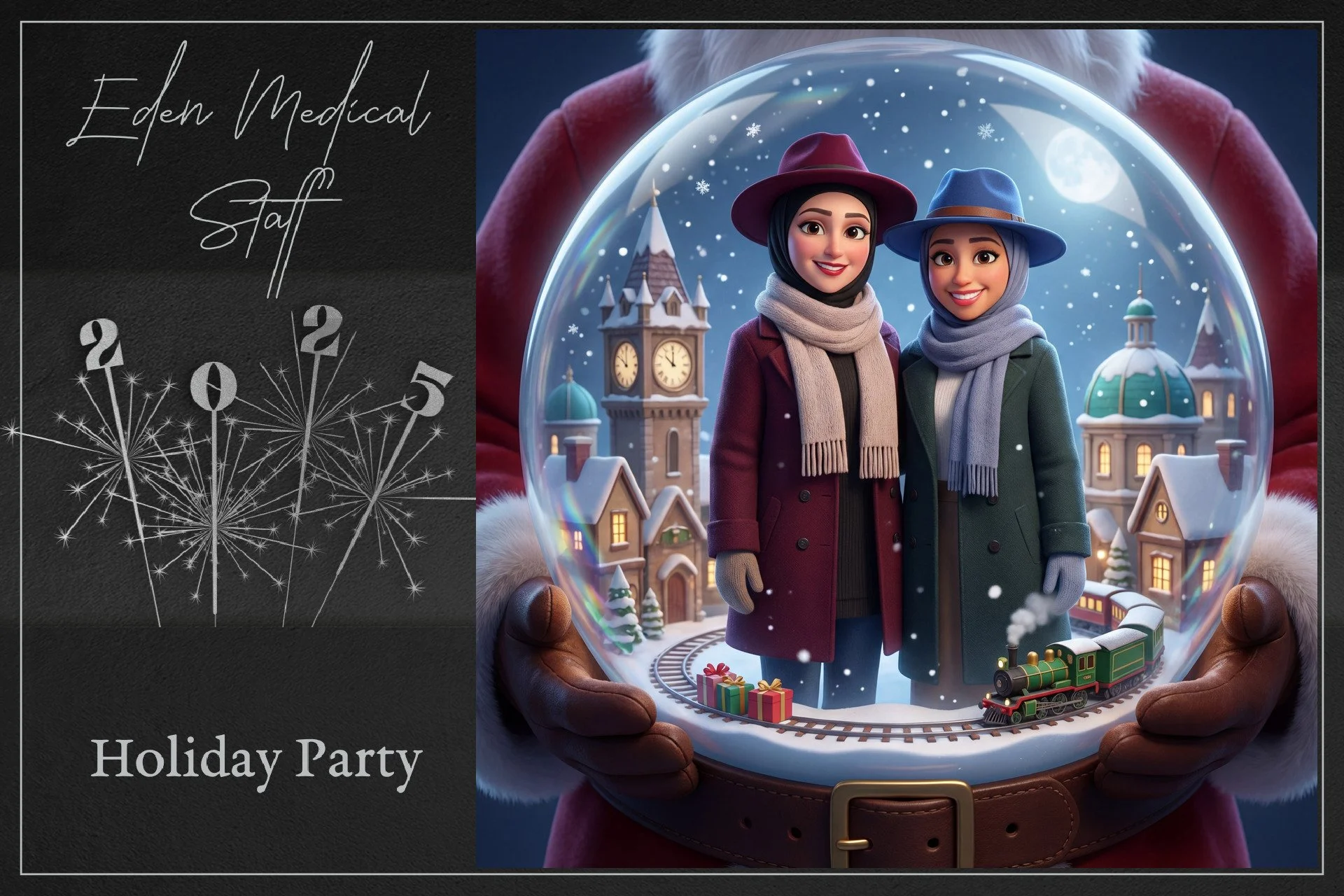 Two women wearing winter coats, scarves, and hats inside a snow globe depicting a snowy town with a clock tower, houses, and a small train, held by a person dressed as Santa Claus with a red coat and white fur trim. The image has a holiday theme with