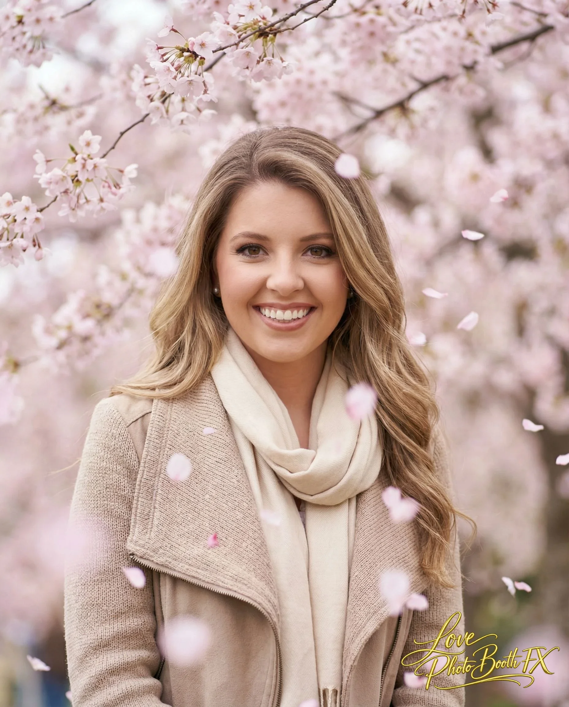 A smiling woman standing in front of pink cherry blossom trees, wearing a light beige coat and scarf, with petals falling around her.