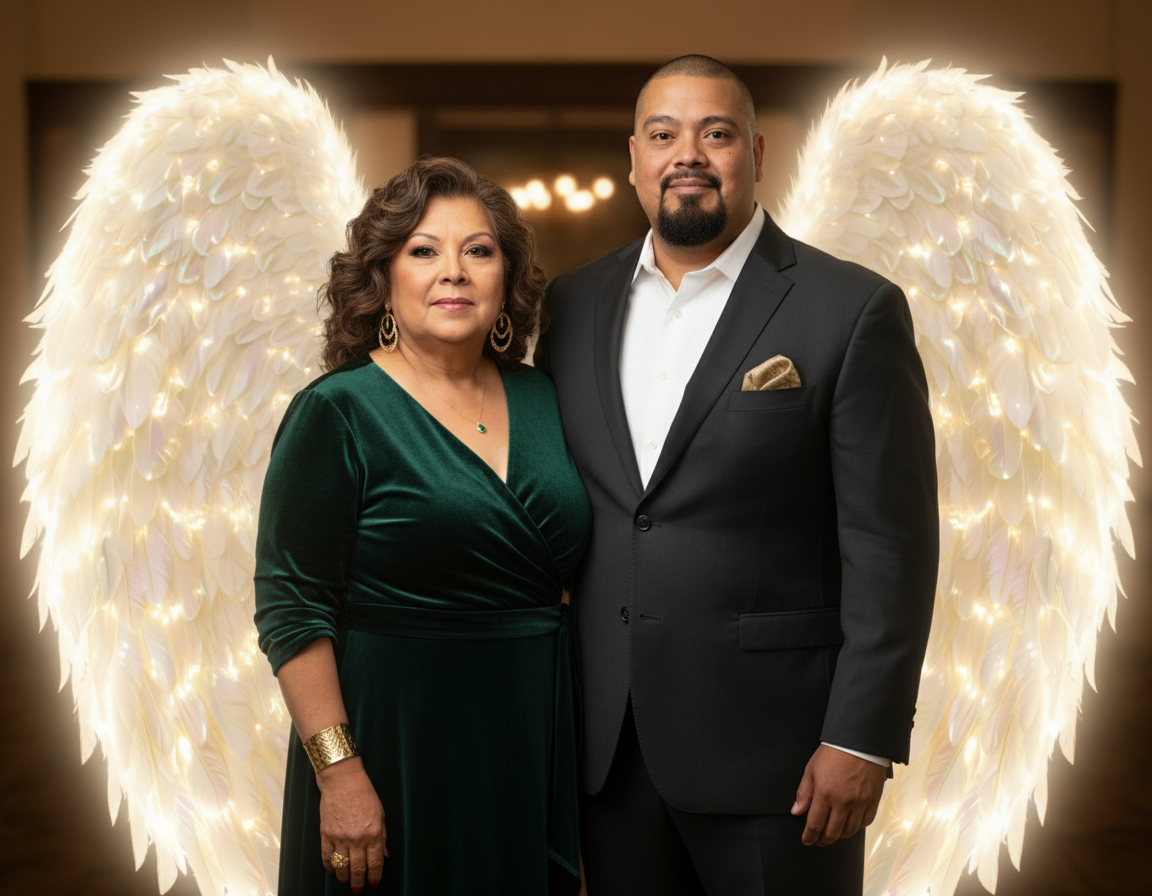 A man and a woman standing close together, the woman has shoulder-length curly hair and is wearing a dark green velvet dress with gold jewelry, and the man has a beard, short hair, and is wearing a black suit with a white shirt and gold pocket square