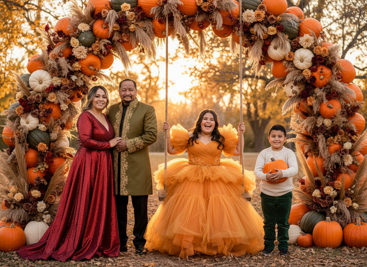 A family posing outdoors around an autumn pumpkin arch. The woman and man are dressed in elegant fall clothing, with the woman in a red gown and the man in a green traditional outfit. A girl in an orange dress is sitting on a swing, and a boy in a cr