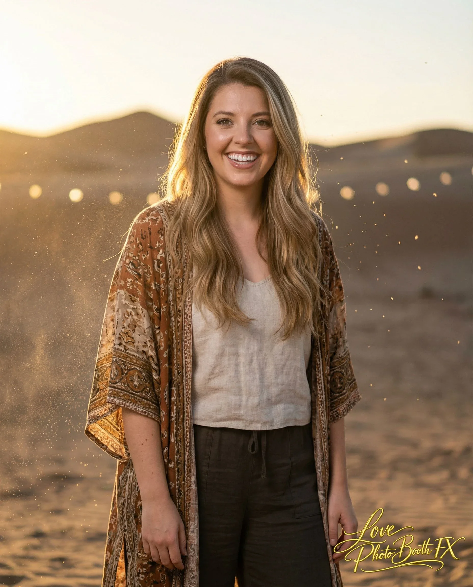 A woman with long blonde hair and a wide smile, standing outdoors during sunset, wearing a beige top and a patterned brown cover-up.