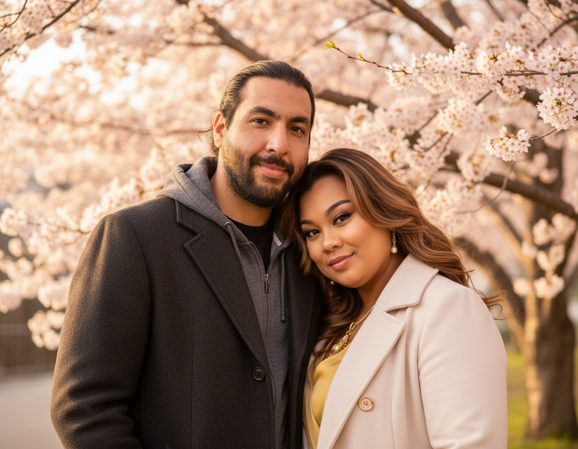 A smiling couple standing close together outdoors during cherry blossom season, with pink cherry blossom trees in the background.