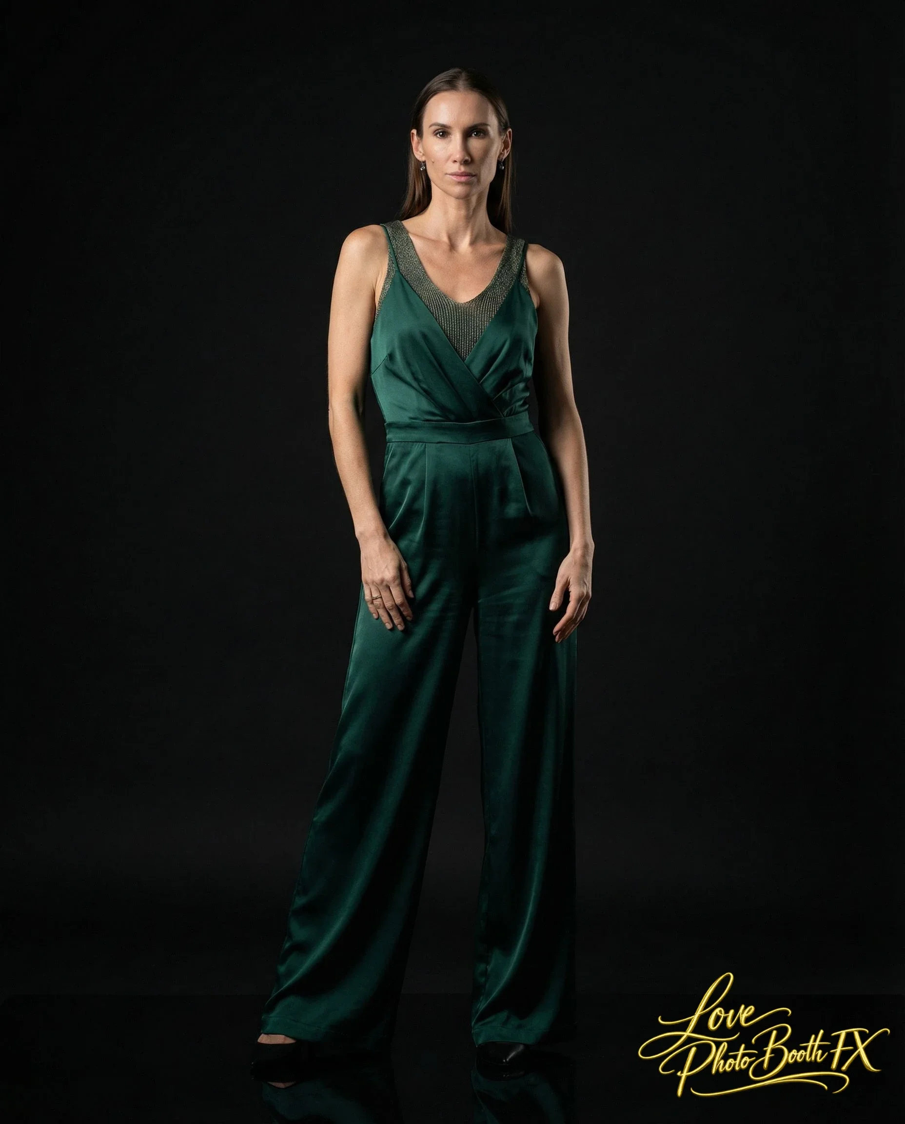 A woman in a green satin jumpsuit standing against a black background, looking at the camera with a neutral expression.