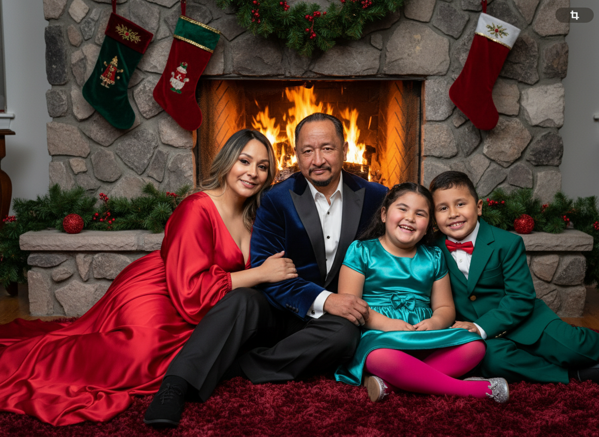Family of four sitting by a lit fireplace decorated for Christmas with stockings hanging above, a festive wreath, and garland with red ornaments.
