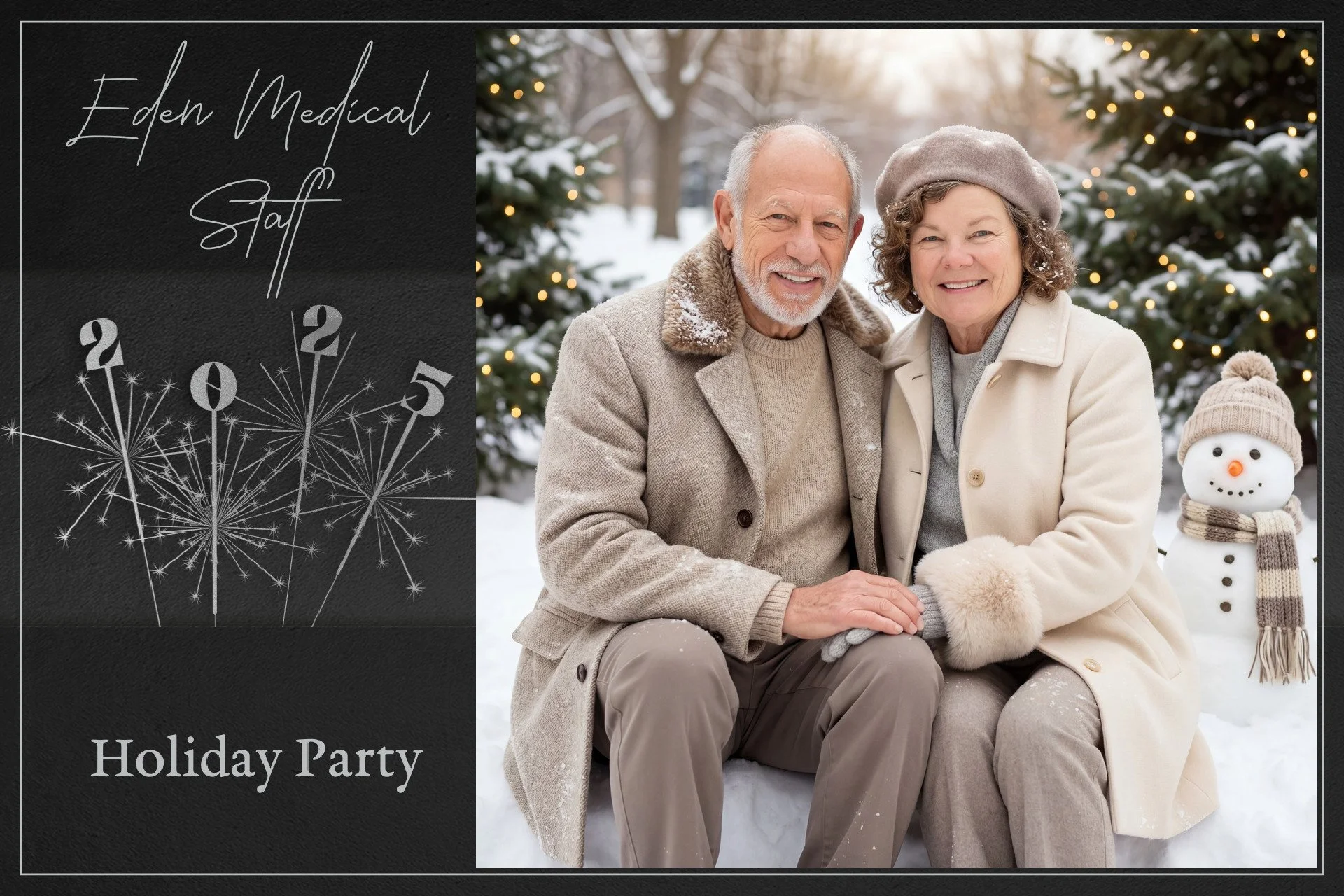 A holiday party invitation featuring a photo of an elderly couple sitting outdoors in the snow, smiling, with Christmas trees and lights in the background, and a snowman with a hat and scarf. The invitation is divided into two sections, with the left