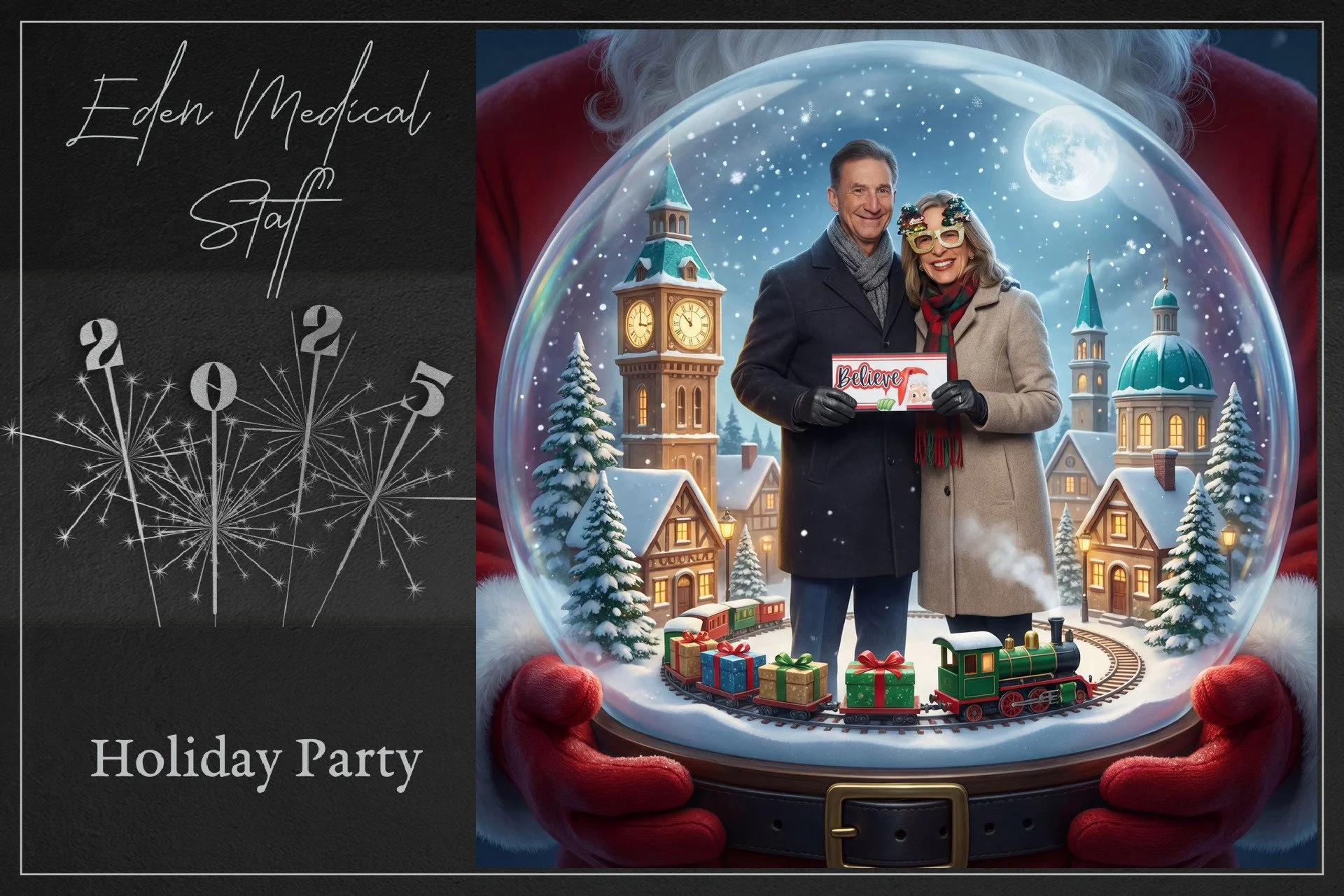 Holiday party invitation featuring a snow globe with a cheerful older couple inside, holding a 'Believe' sign, surrounded by a festive winter village, decorated train, and snow-covered trees. The left side has a black background with white text readi