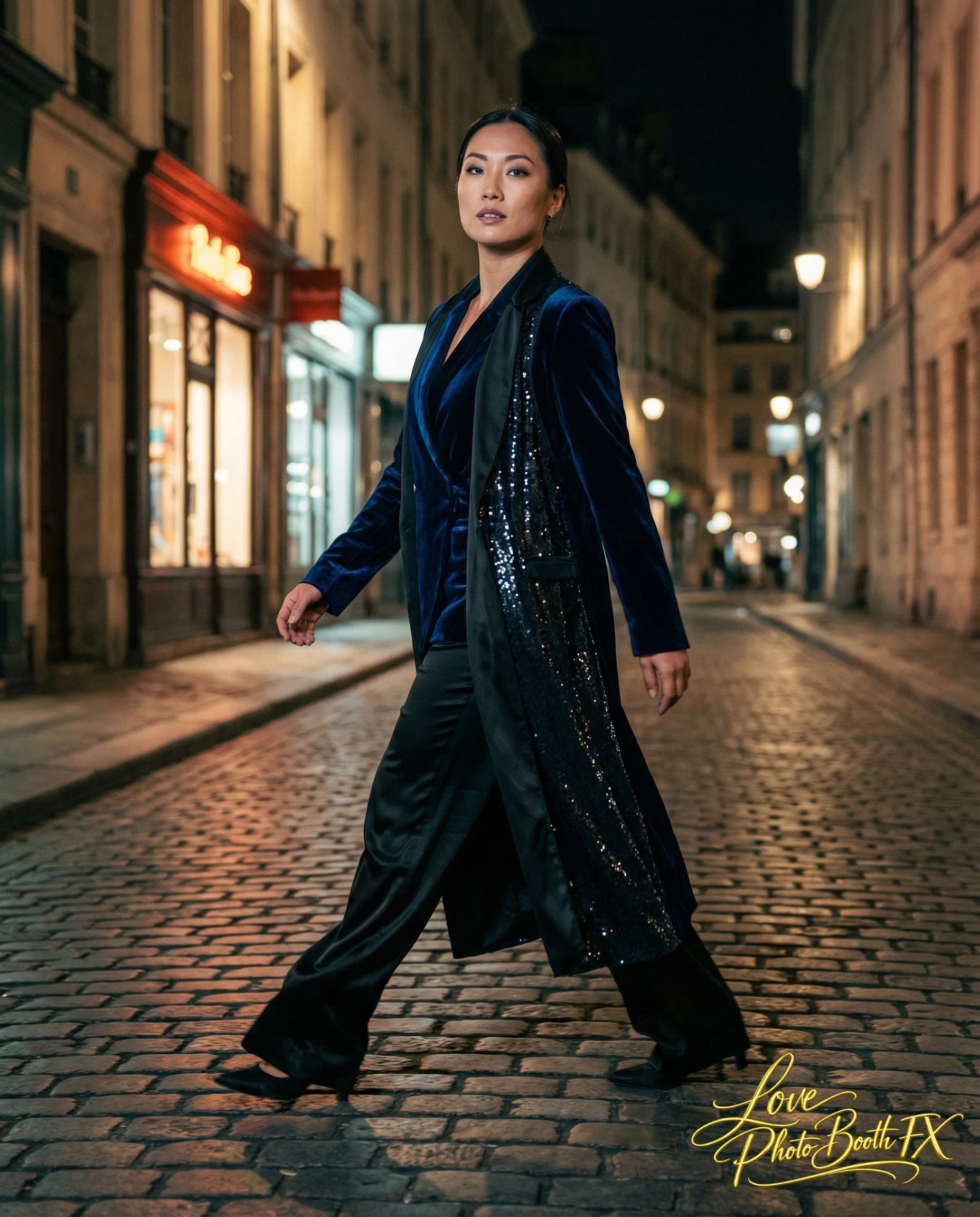 A stylish woman walking on a cobblestone street at night, wearing a dark blue velvet blazer, black pants, and holding a sequined black tote bag.
