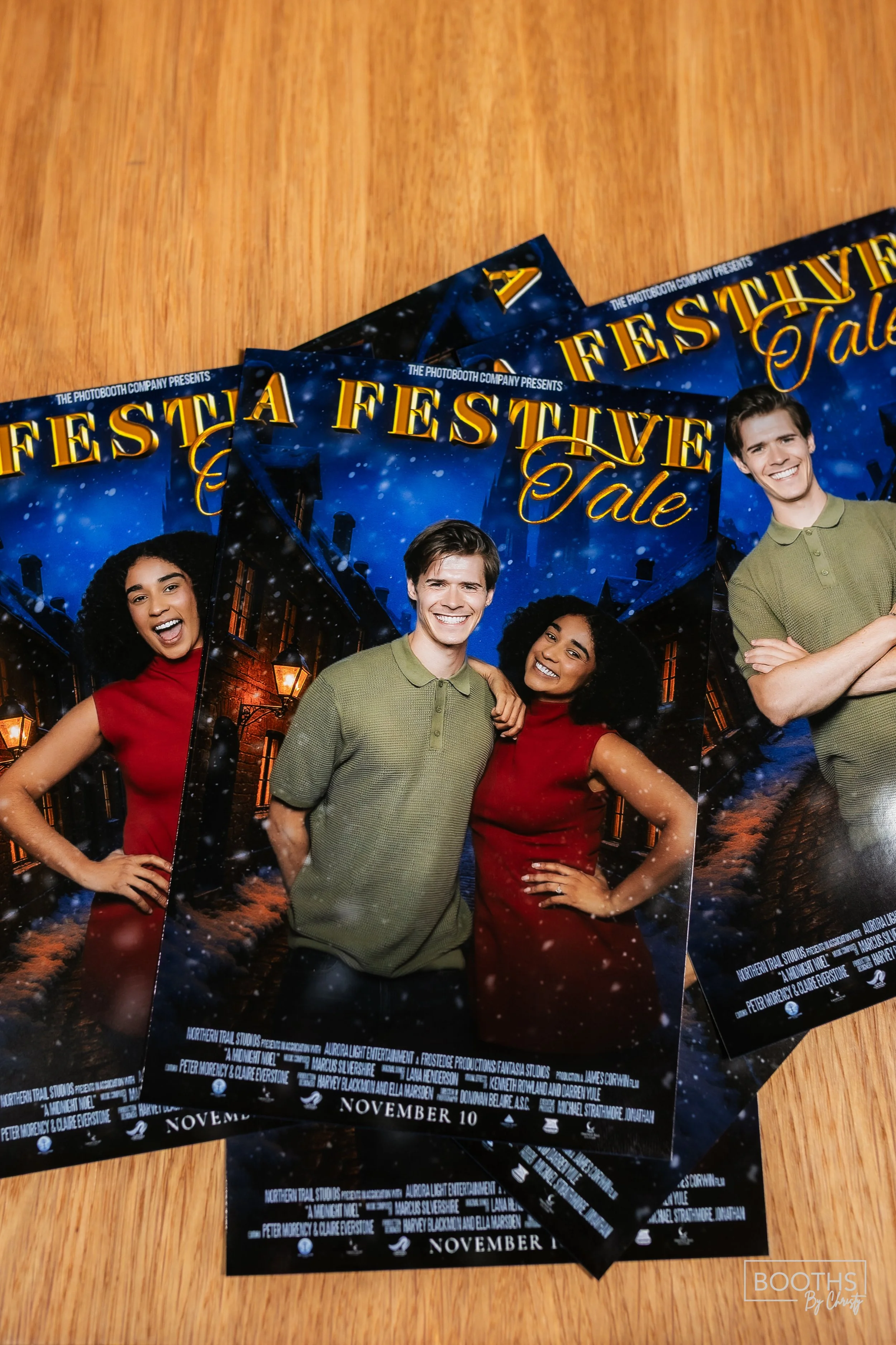 Three colorful flyers for a festive event called Fiesta Vale, featuring two women and one man smiling.
