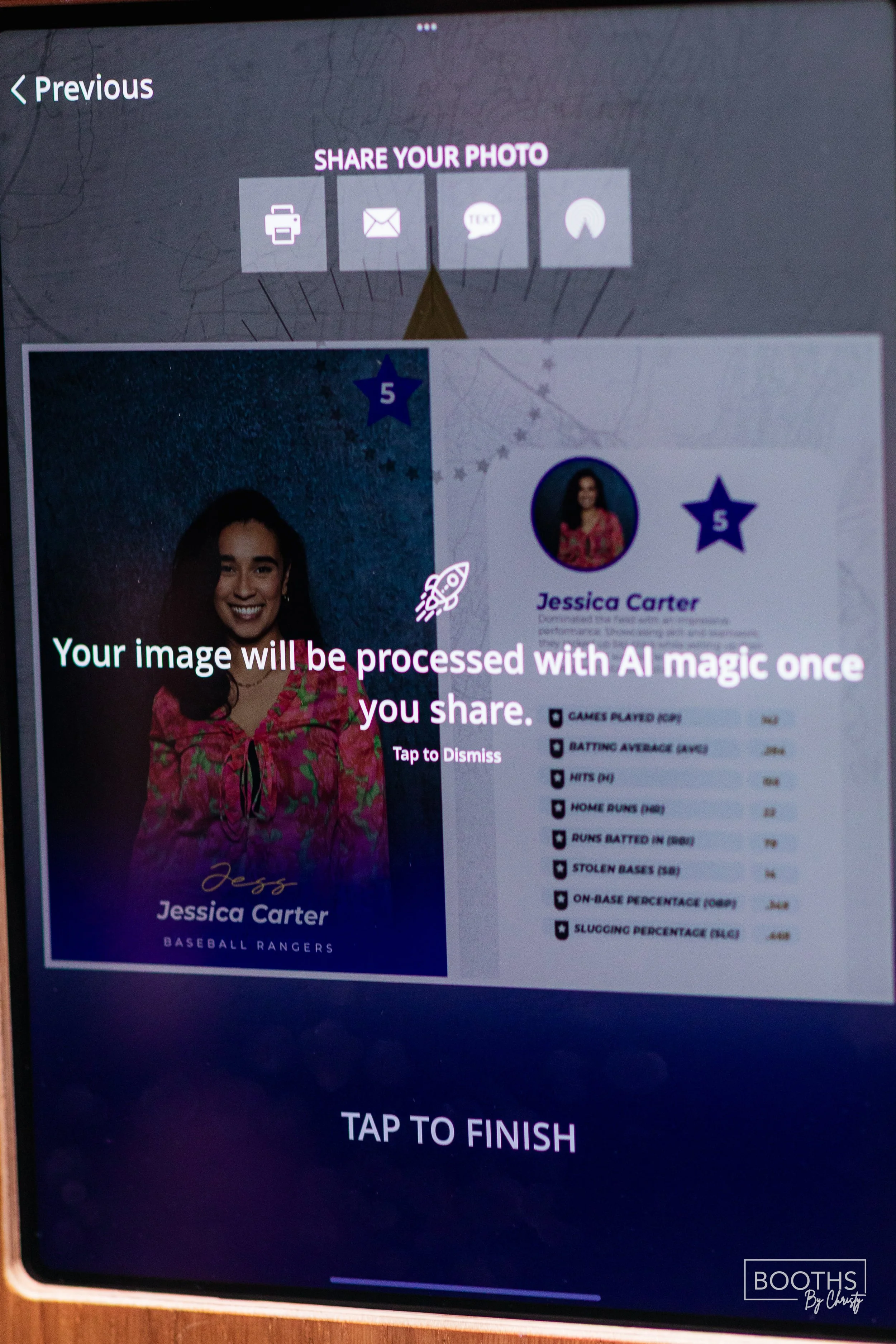 Screen showing a photo sharing interface with a portrait of Jessica Carter, a woman with dark hair and a bright smile, wearing a pink floral shirt. The screen has a message: "Your image will be processed with AI magic once you share." There are optio