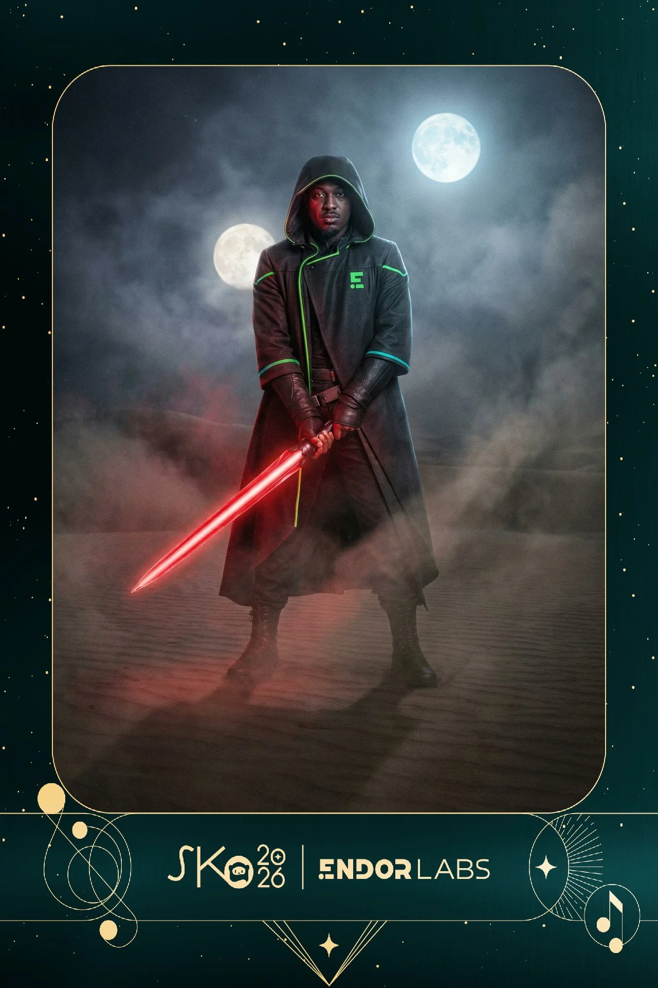 A person dressed as a sci-fi character with a futuristic coat and gloves, holding a red lightsaber, standing in front of two moons and a cloudy, starry sky.