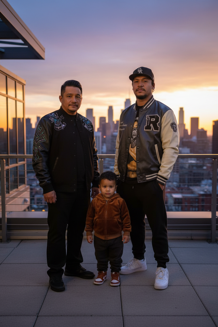 A family of three stands together on a rooftop at sunset with a city skyline in the background. The man on the left wears a black jacket with embroidered details, the man on the right wears a varsity jacket and baseball cap, and the young boy in the