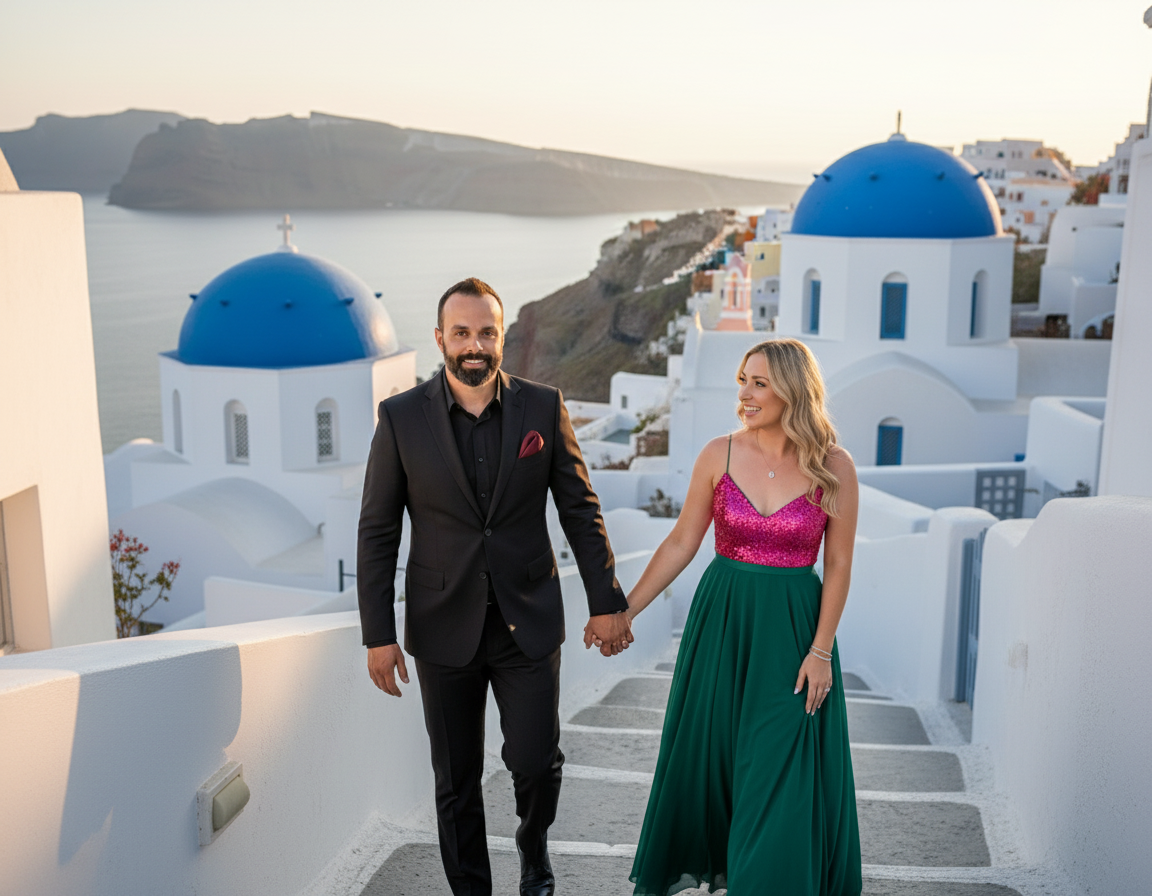 A couple holding hands and walking in Santorini with white buildings and blue domes in the background.