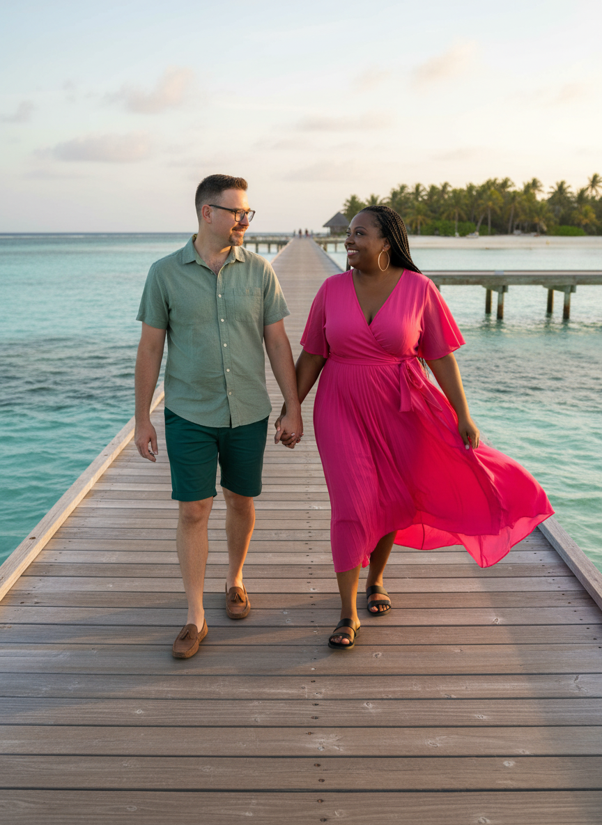 A couple walks hand in hand on a wooden pier over the ocean with palm trees and a hut in the background during sunset.