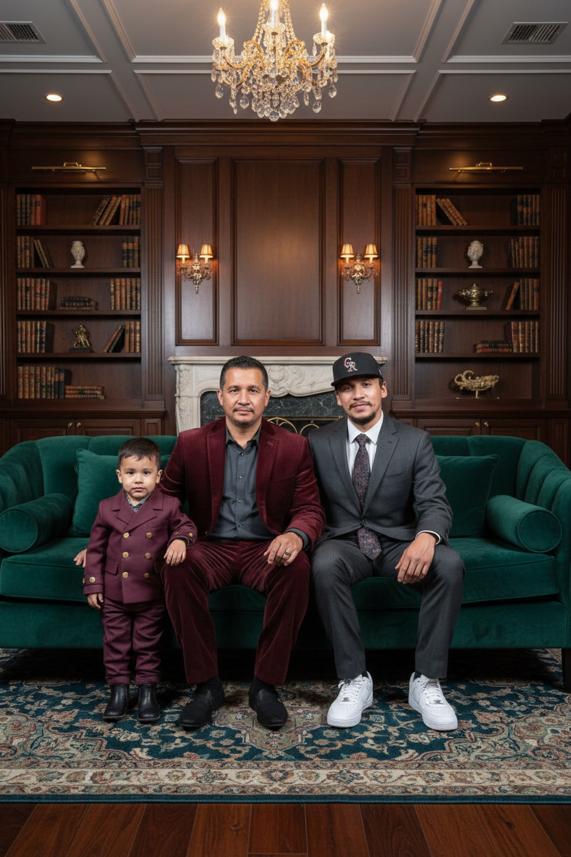 Three males sitting on a green velvet sofa in a luxurious wood-paneled room with built-in bookshelves, a chandelier, and wall sconces.