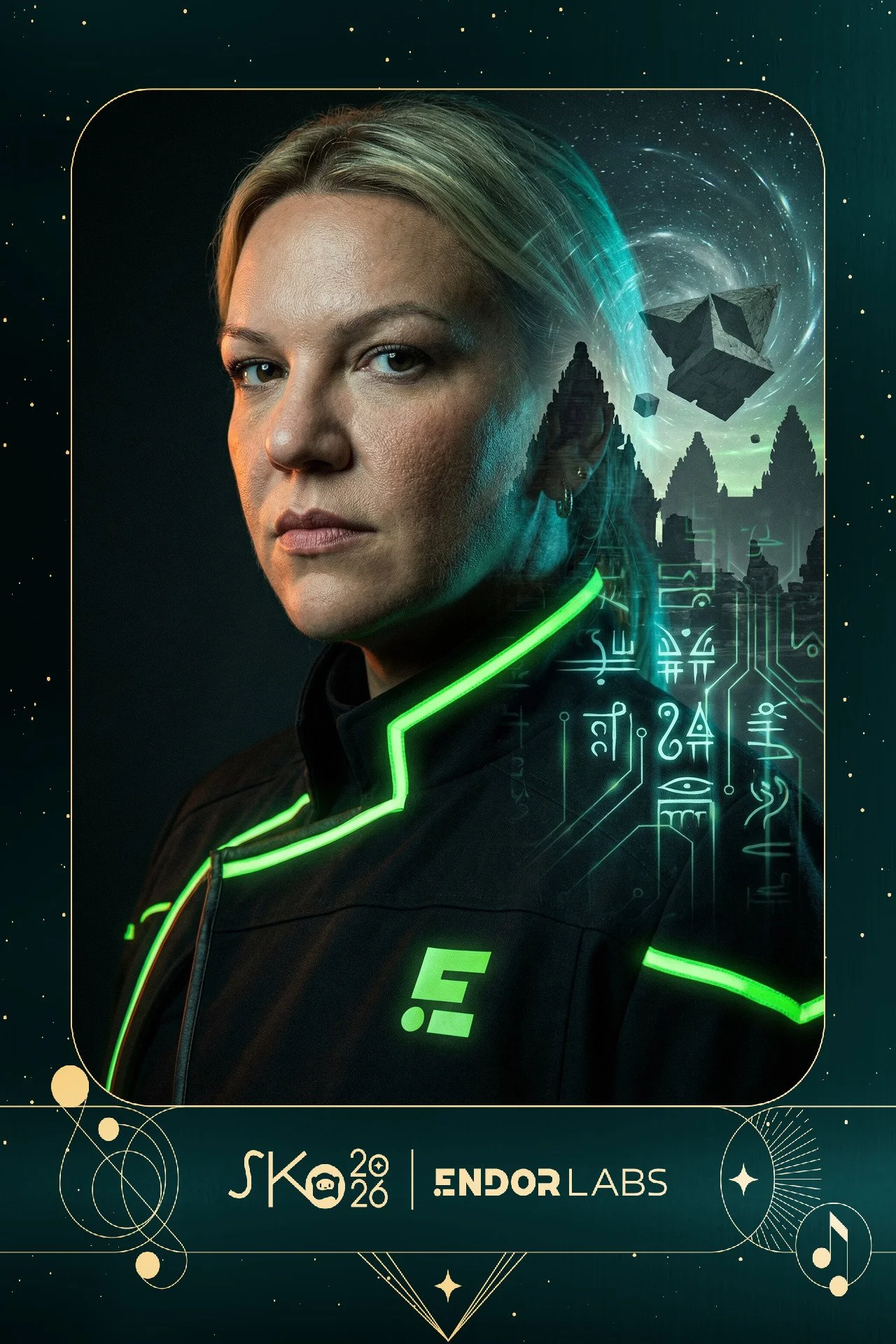 A woman wearing a black suit with glowing green lines, background featuring futuristic cityscape, floating rocks, and a swirling galaxy.
