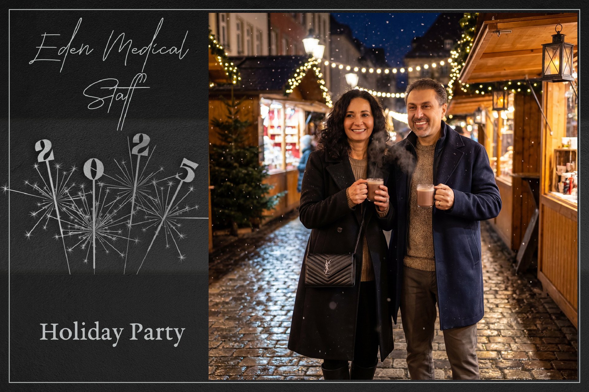 A festive outdoor holiday market scene at night with a smiling couple holding hot drinks, surrounded by wooden stalls, string lights, and a Christmas tree.
