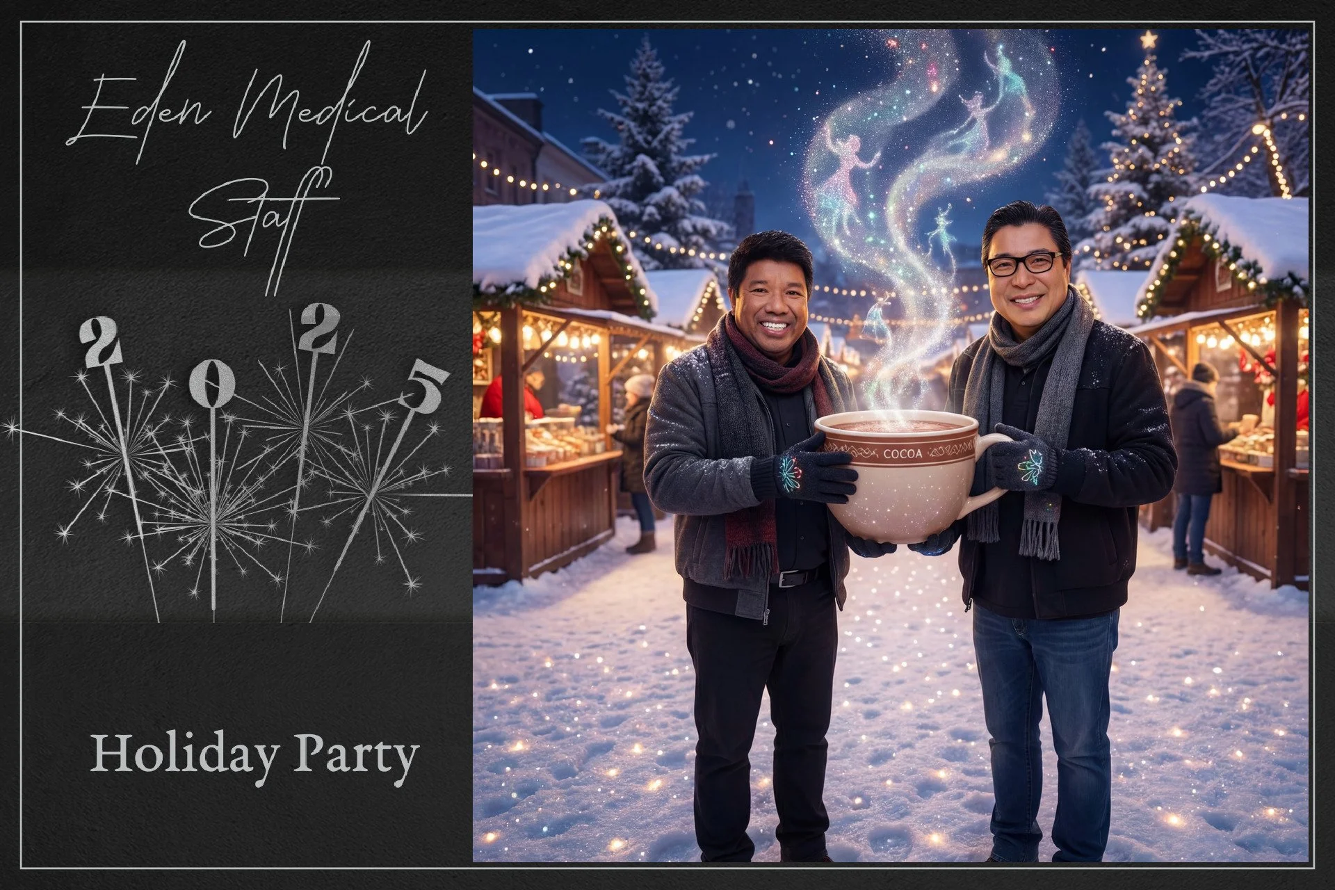 Two men standing outdoors in a snowy market at night, holding a large steaming cup labeled cocoa, with a magical swirl and fairy figures above it, holiday market stalls with lights in the background