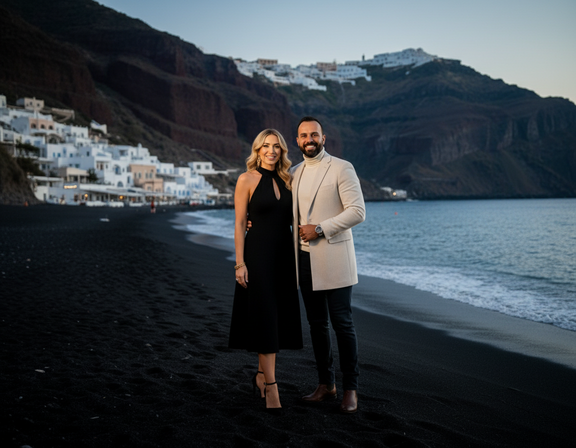 A smiling woman in a black dress and high heels standing next to a smiling man in a light-colored coat and dark pants on a black sand beach with white buildings and cliffs in the background.