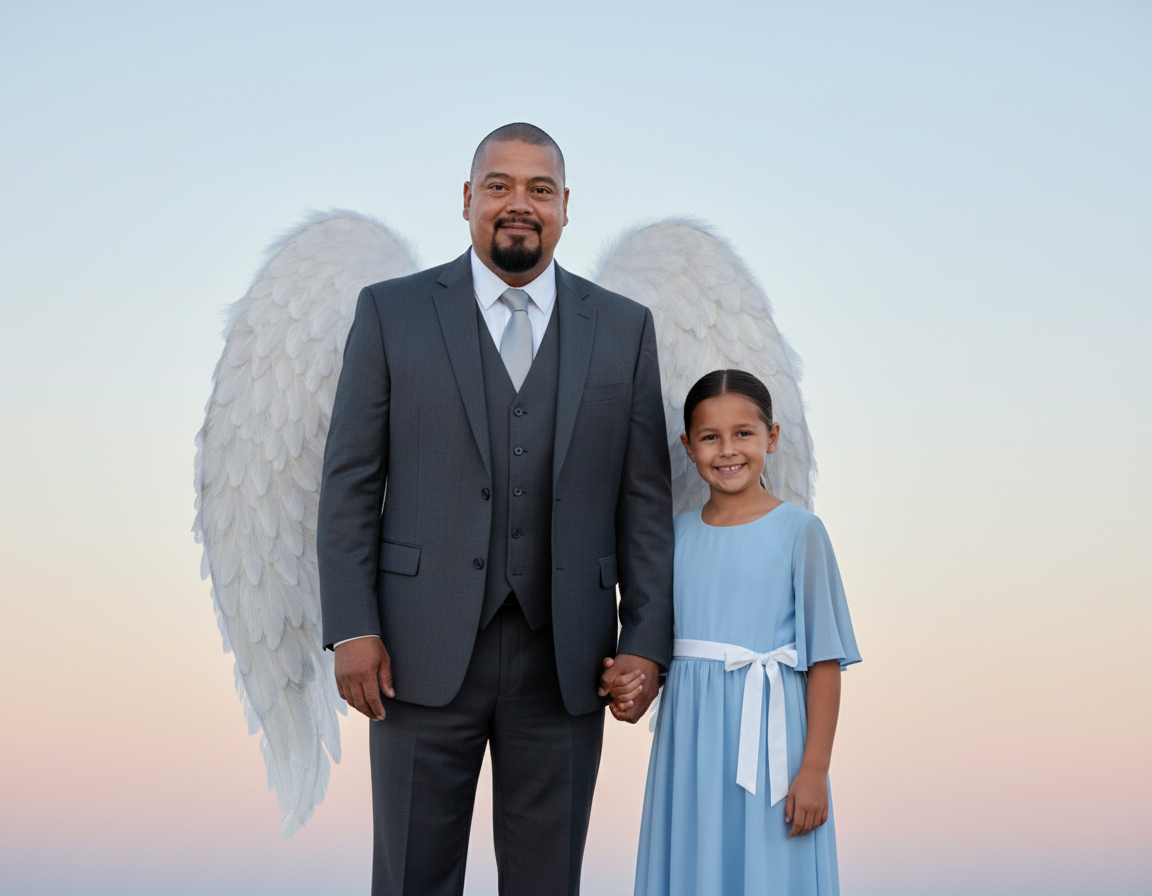 A man with angel wings standing next to a young girl, both smiling, holding hands against a gradient sky background.