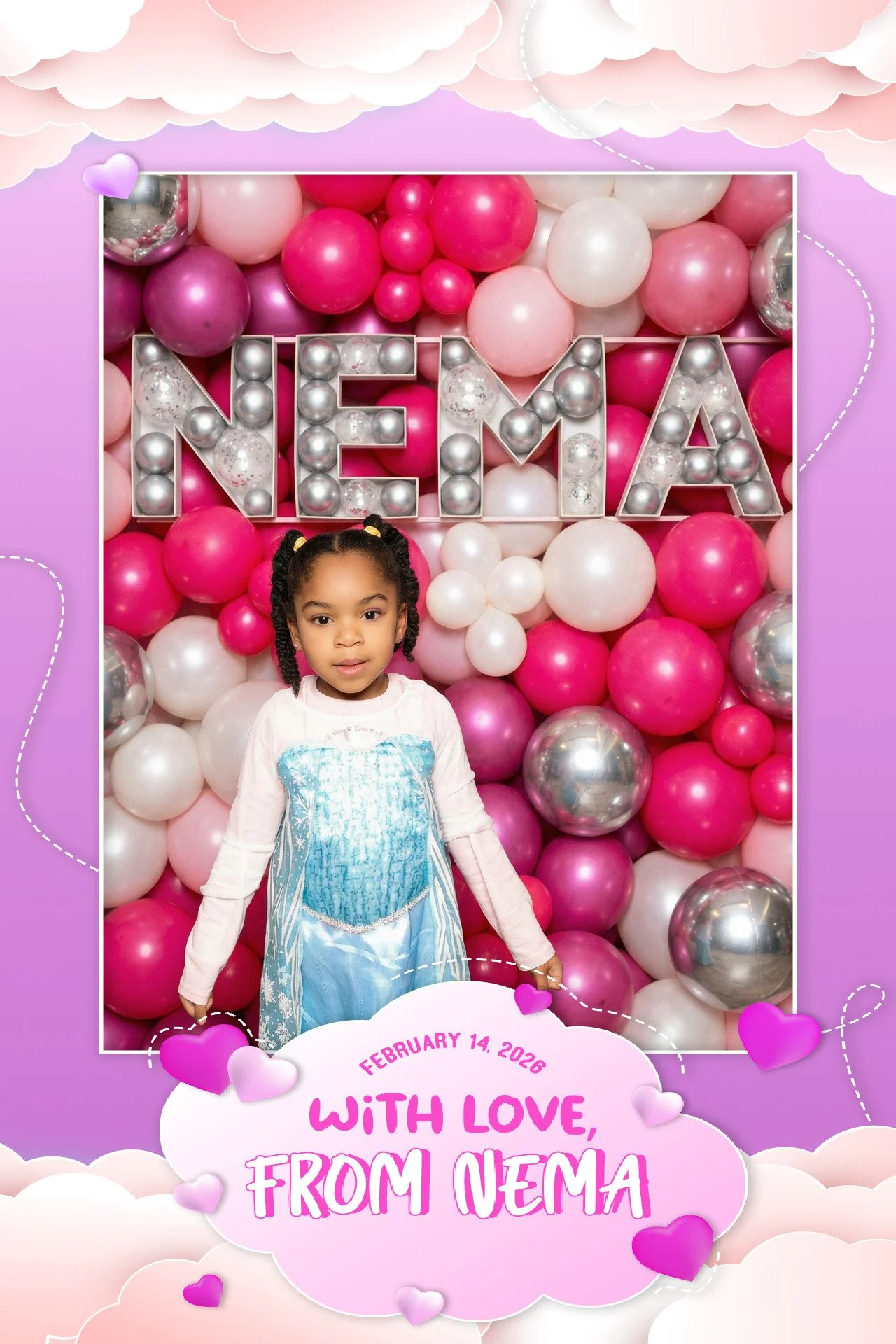 A young girl in a blue dress standing in front of a balloon display with the name 'Nema' spelled out in large silver letter lights.