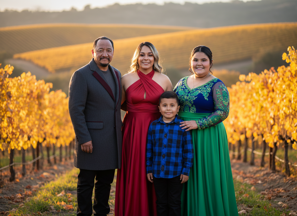Family of four standing in a vineyard during fall sunset with golden foliage and rolling hills in the background.