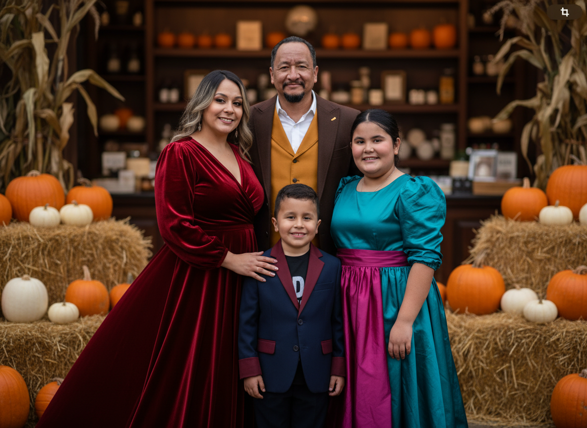 A family of five standing in front of pumpkin decorations and hay bales, indoors, celebrating autumn or fall.