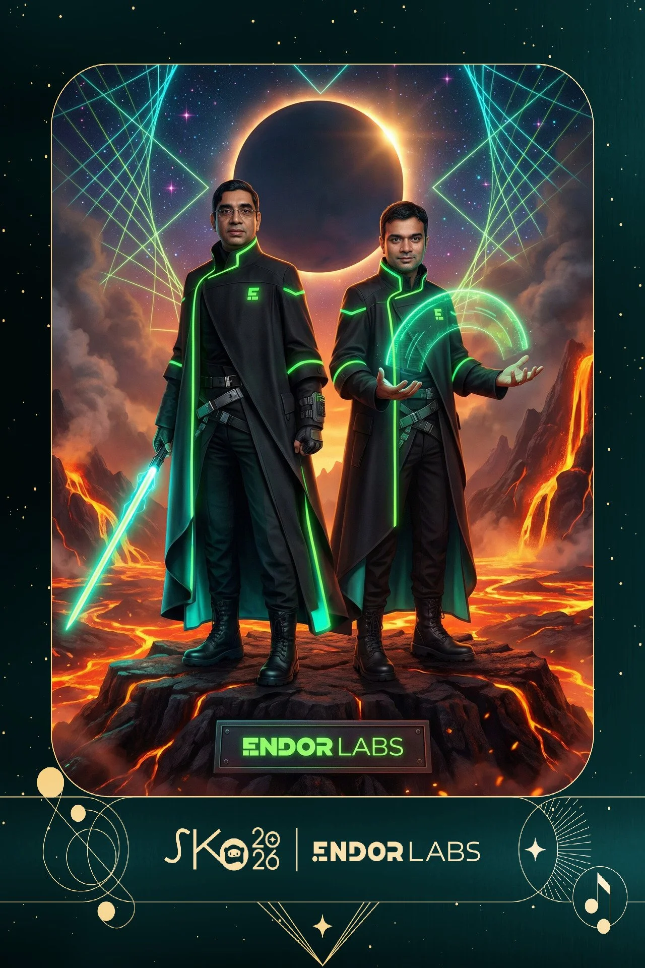 Two men in black futuristic outfits with glowing green accents stand on a lava-covered terrain with mountains and erupting volcanoes in the background. One holds a glowing blue sword, and the other is manipulating a holographic display. A solar eclip