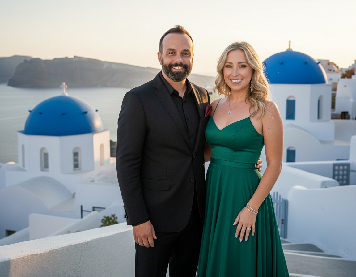 A smiling couple standing outdoors in front of white buildings with blue domes, likely in Santorini, Greece, during sunset.