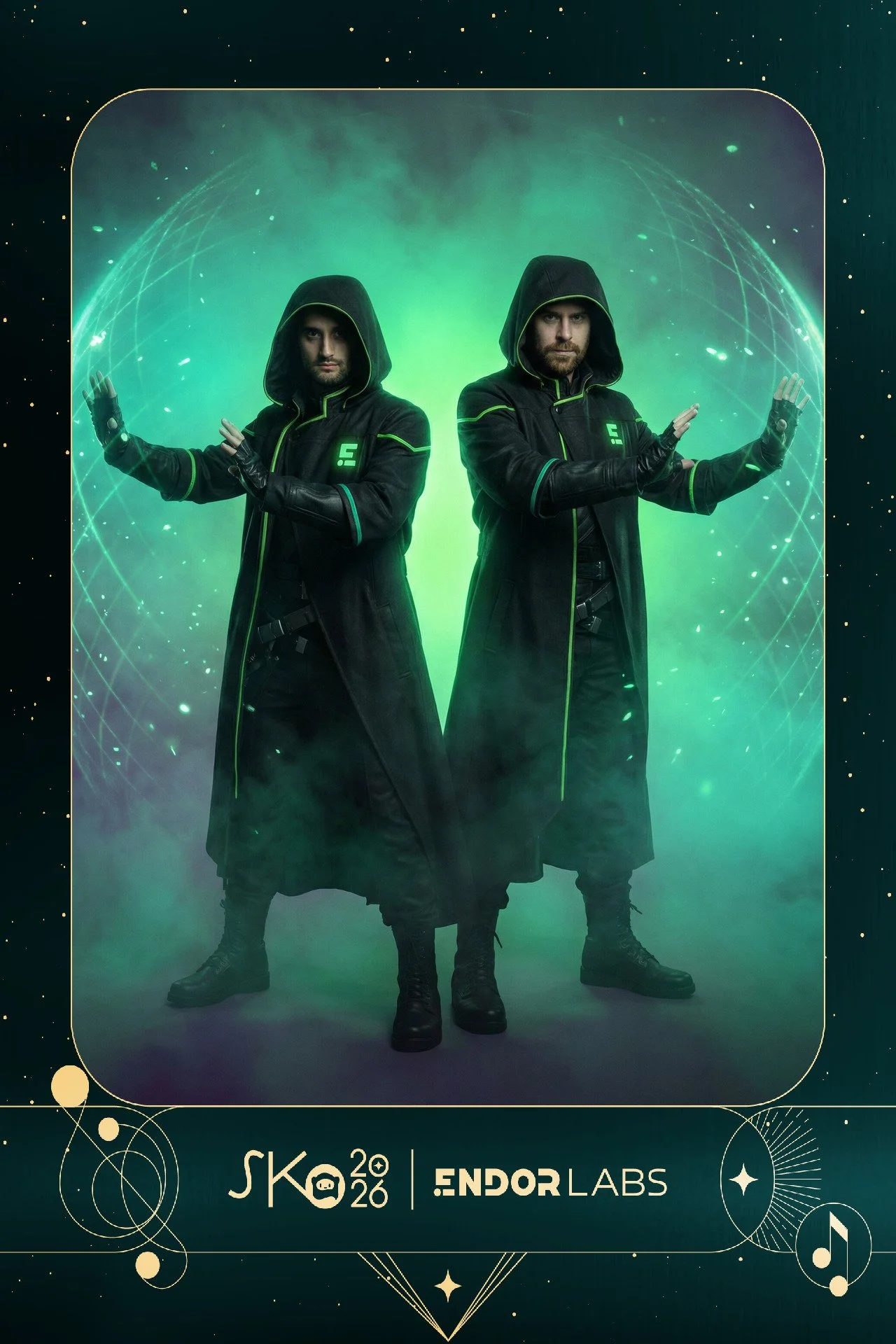 Two men dressed in black futuristic coats and gloves with green glowing lights, standing with arms extended, in front of a universe-themed backdrop with glowing green elements and a digital grid, promoting SKO 2026 and Endor Labs.