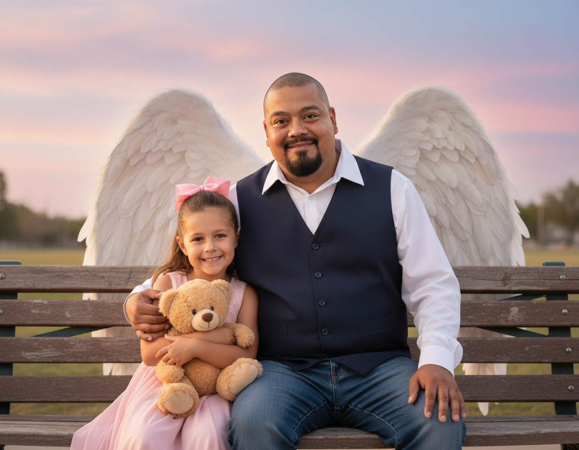 A man and young girl sitting on a park bench in the evening, with angel wings behind them, the girl holding a teddy bear, both smiling at the camera.