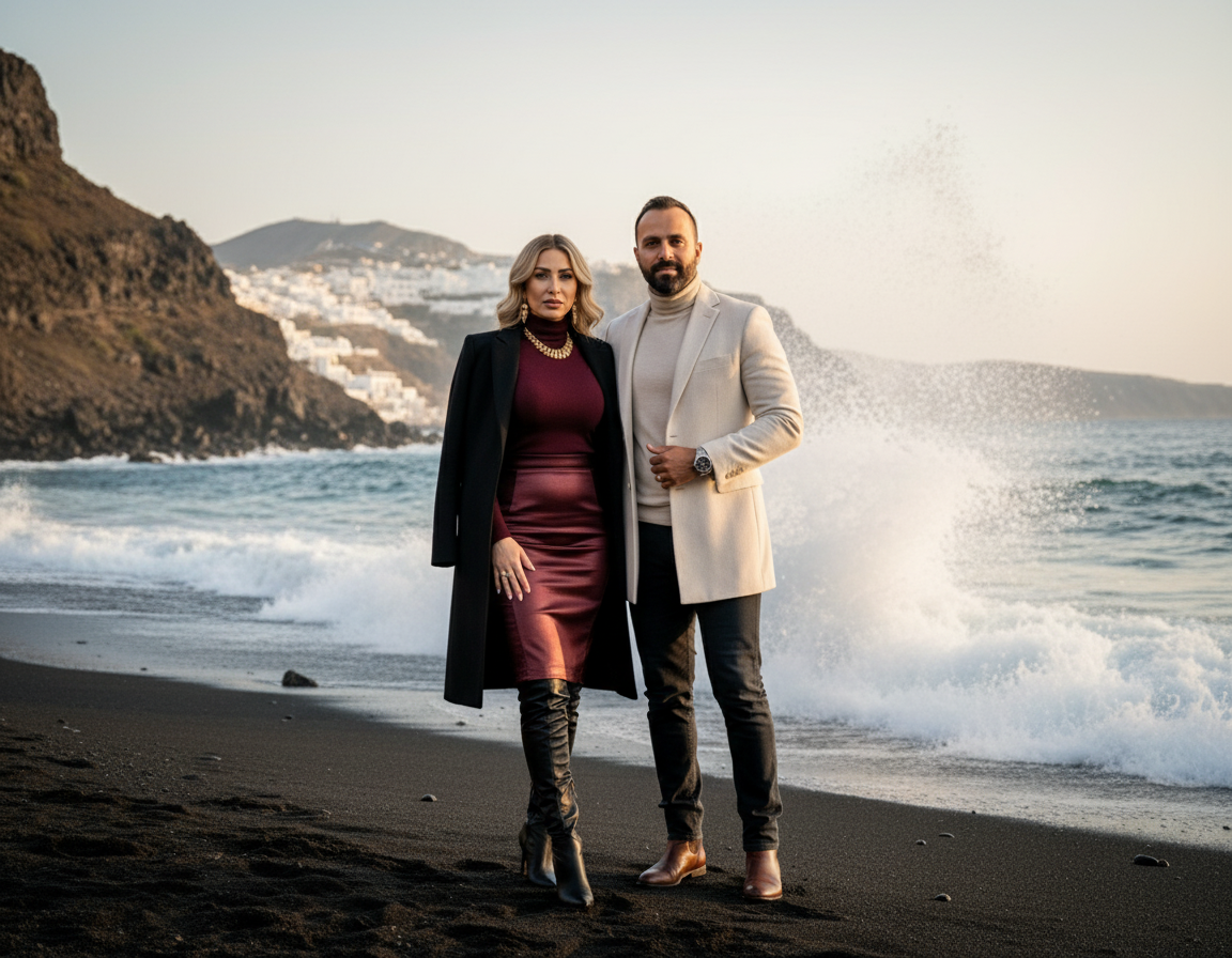 A man and a woman standing on a beach during sunset, with waves crashing behind them and cliffs with white buildings in the background.